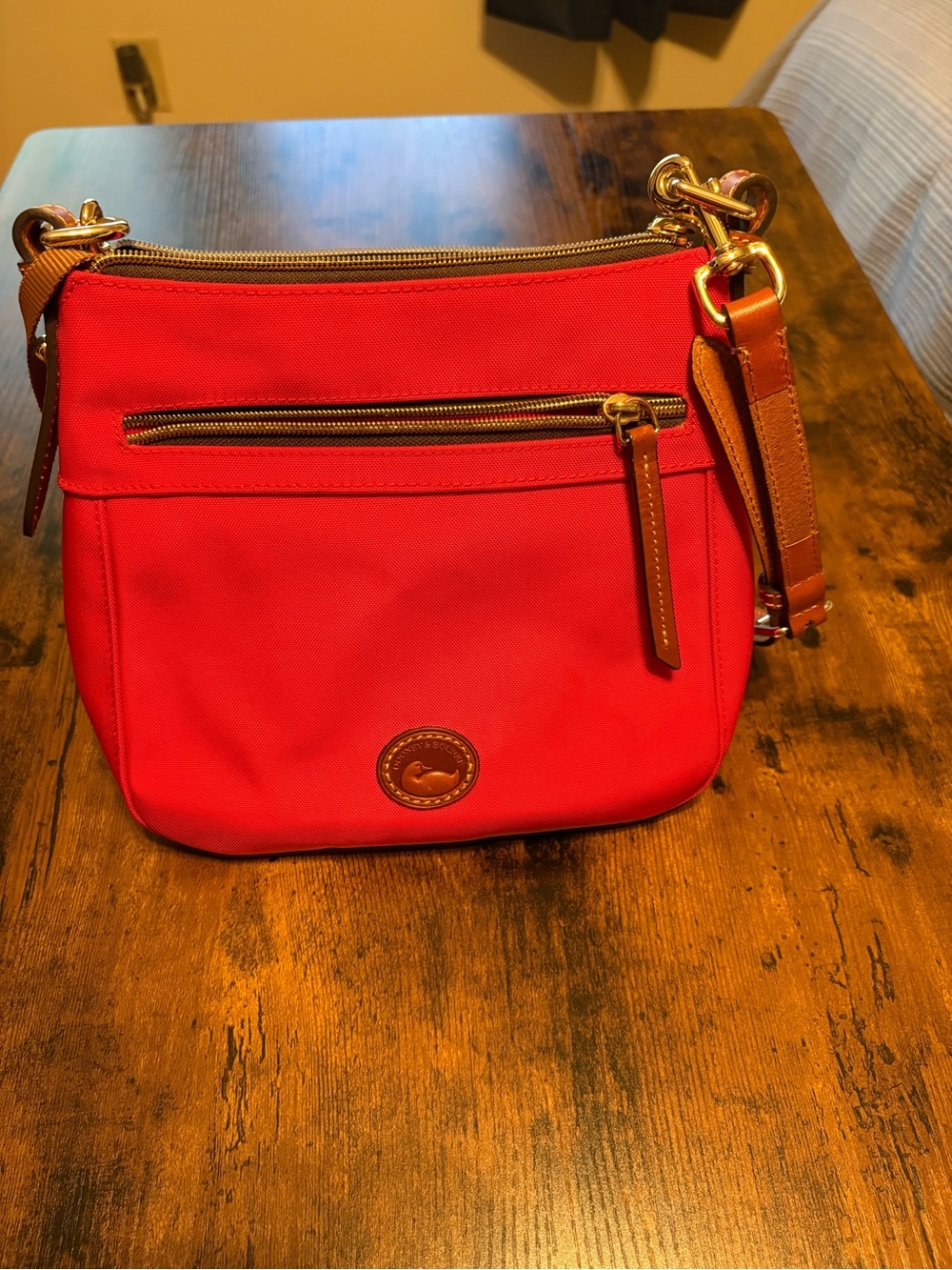 Dooney & Bourke Red Nylon Crossbody with Tan Leather Trim & Gold Hardware